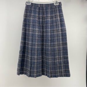 Vintage Edinburgh Woollen Mill Pleated Plaid Midi Skirt Blue Gray Women Size 12